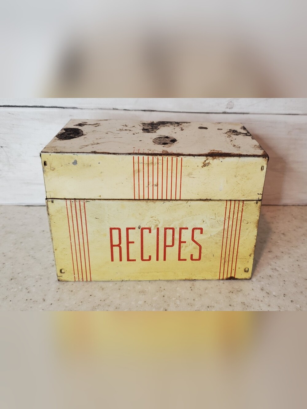 Vintage Metal Recipe Box w/ Vintage Recipe Cards & Dividers Art Deco Kitchen Sto